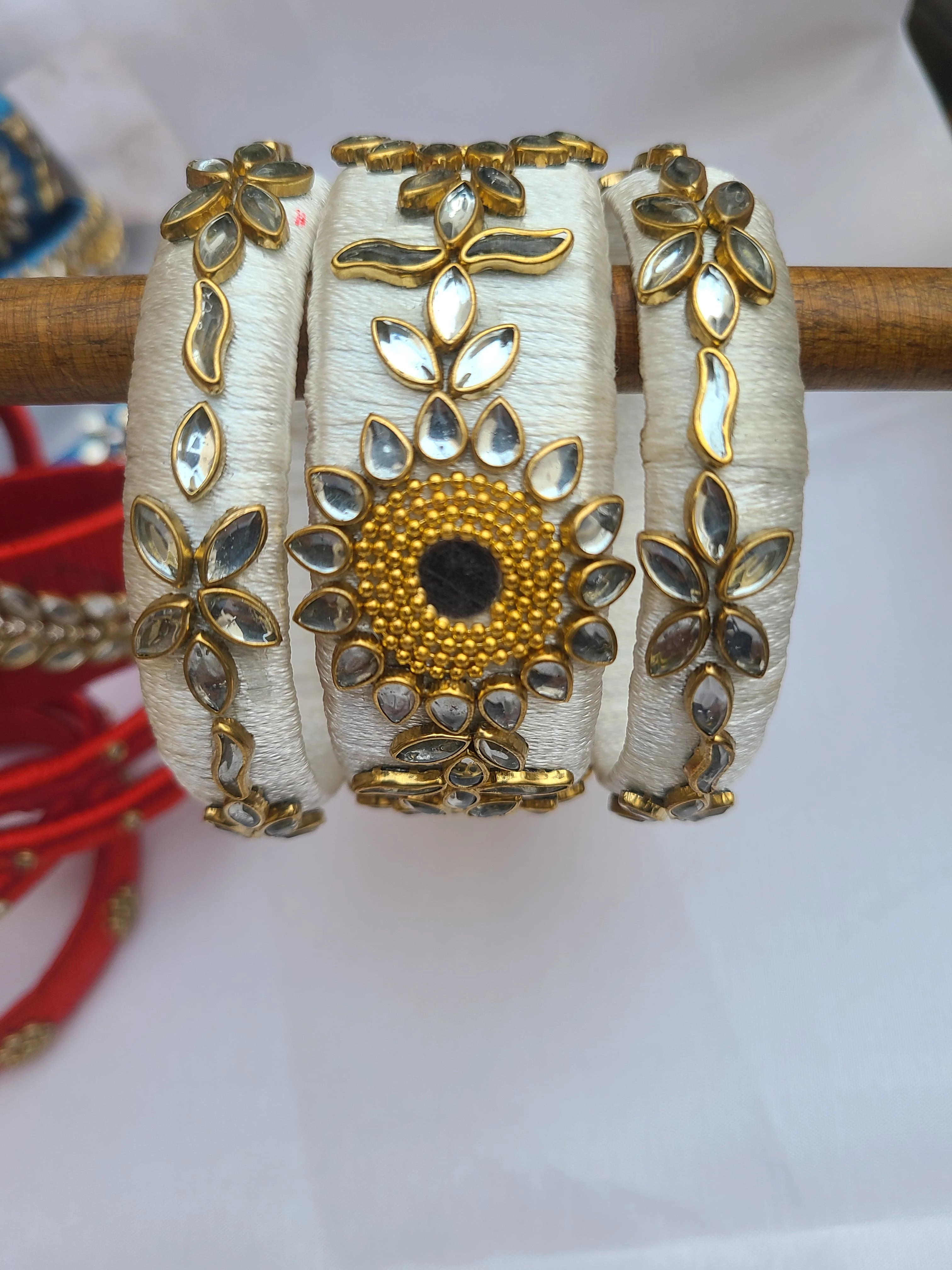 White Fancy Silk Thread Kundan Bangles