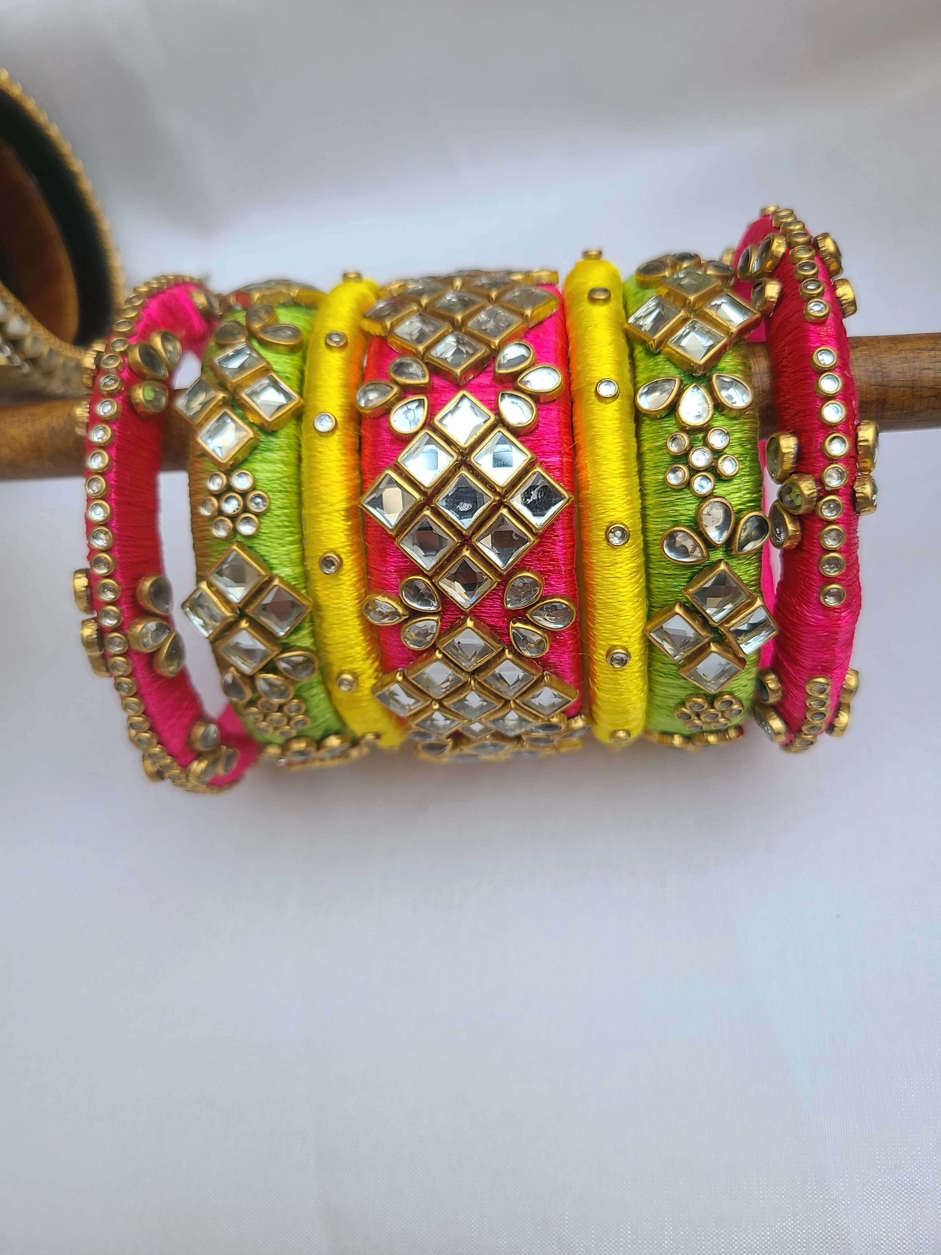 Multi Colours Fancy Silk Thread Kundan Bangles