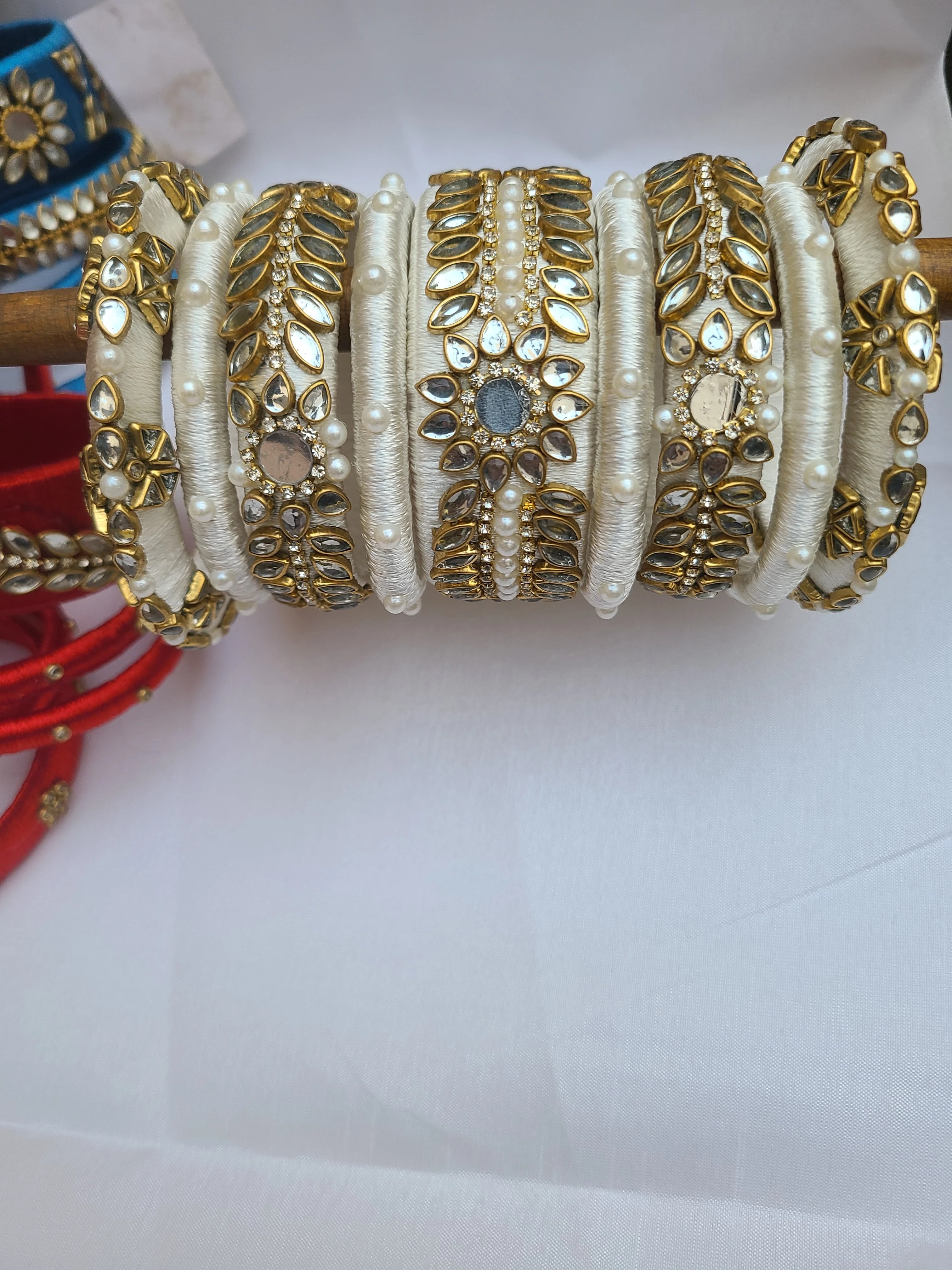 White Fancy Silk Thread Kundan Bangles