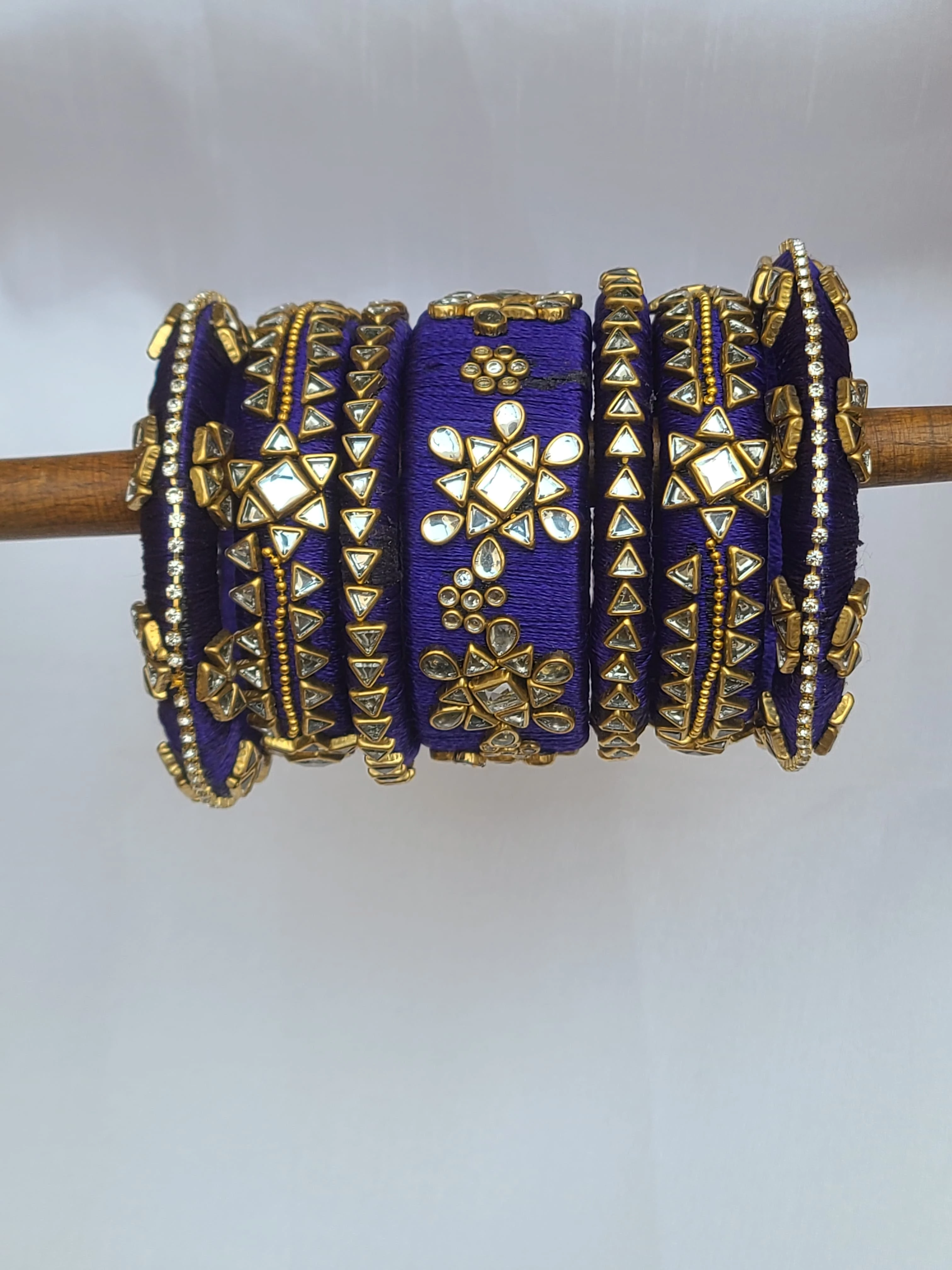 Blue Fancy Silk Thread Kundan Bangles