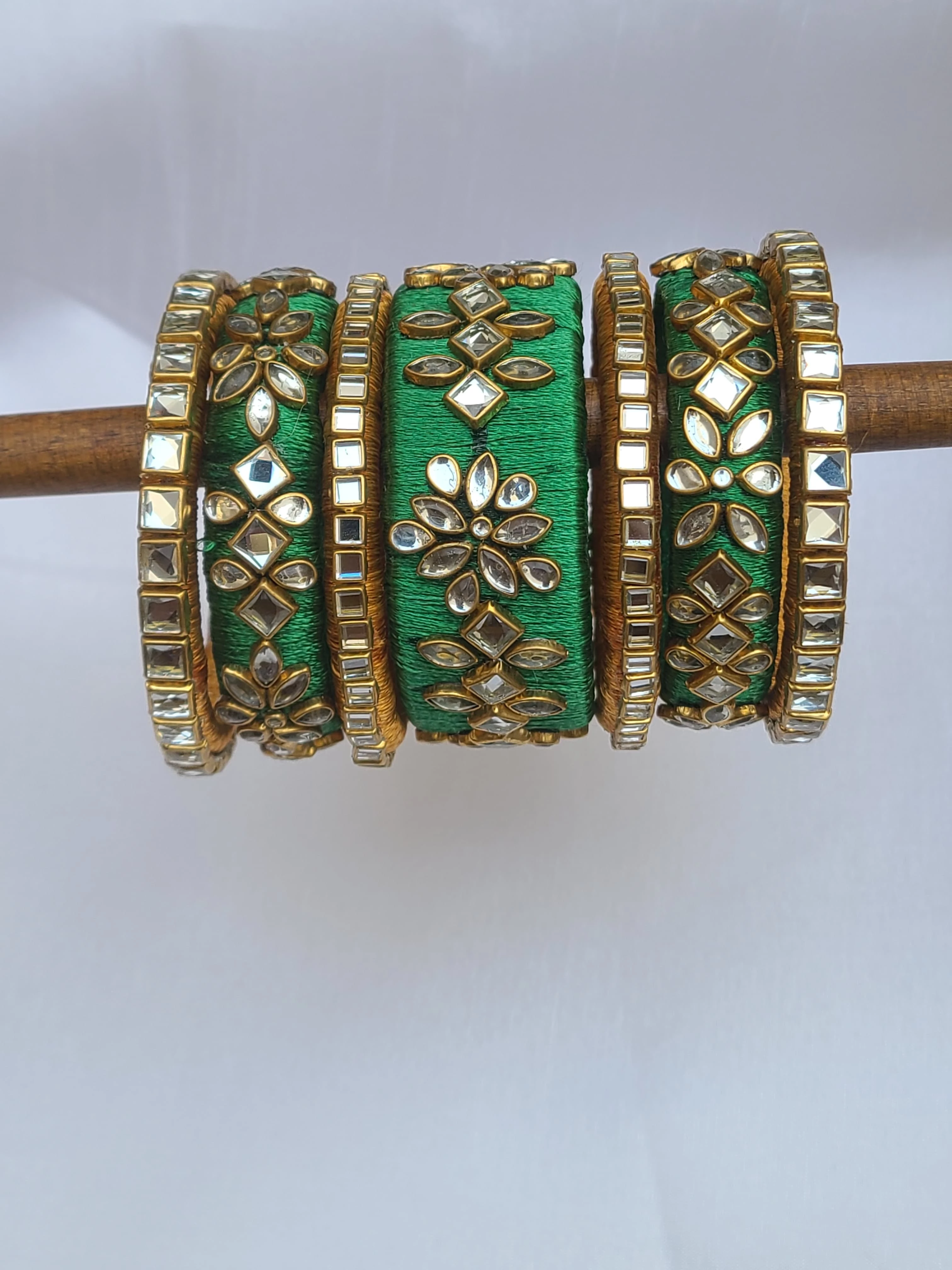 Green Fancy Silk Thread Kundan Bangles