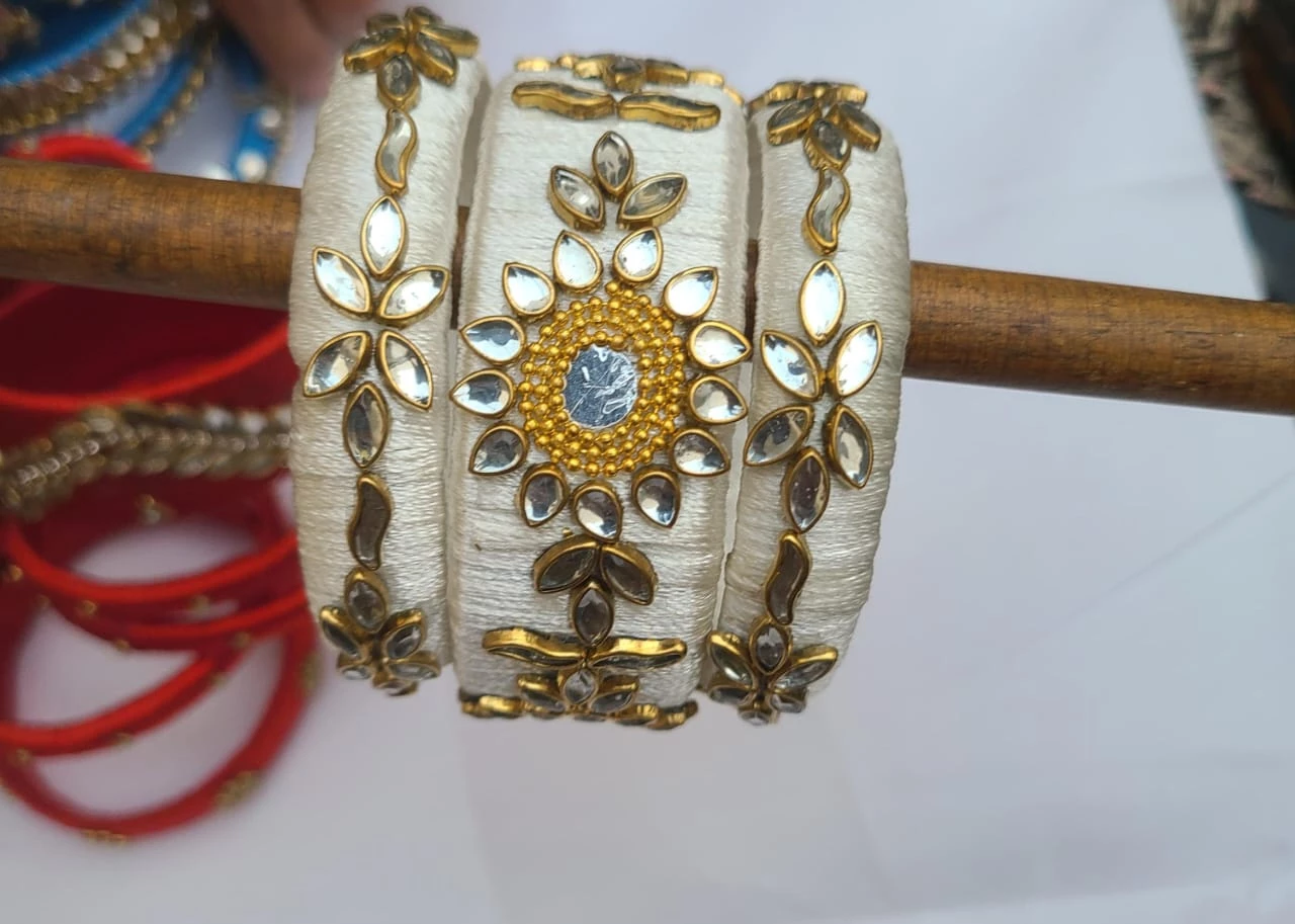 White Fancy Silk Thread Kundan Bangles